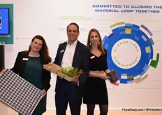 Joyce Langeslag, Kees van Beek and Lisa Koningsveld of Modiform. Joyce is holding the new growing tray for vertical farming, Kees the Eco Expert and Lisa the new recyclable injection moulding pot.